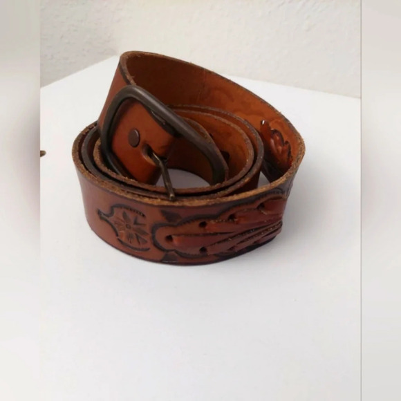 TexTan Vintage Tooled Leather 36 inch mems belt & buckle Cognac brown - Picture 10 of 10